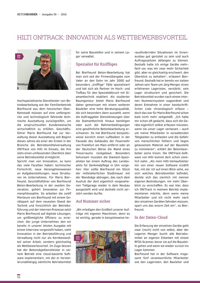 Artikel Hilti ON!Track in Der Betonbohrer, Heft 39